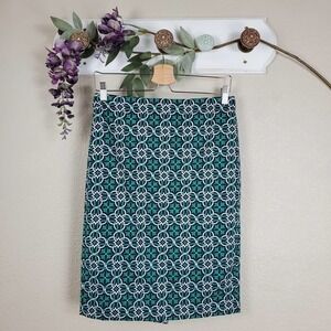 J.Crew Art Deco Floral Pencil Skirt Green Lined Career Office Wear Sz 2 Minimal